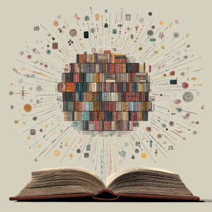 an image of a mosaic of books coming out of a larger open book