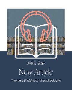 The image questions what an audiobook visual identity might be. It has a graphic of headphones over a book, over a background of illustrated bookshelves.