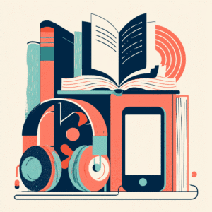 A stylised illustration of books, headphones and a smartphone in navy, coral and teal, representing the intersection of AI in publishing and digital audio technology