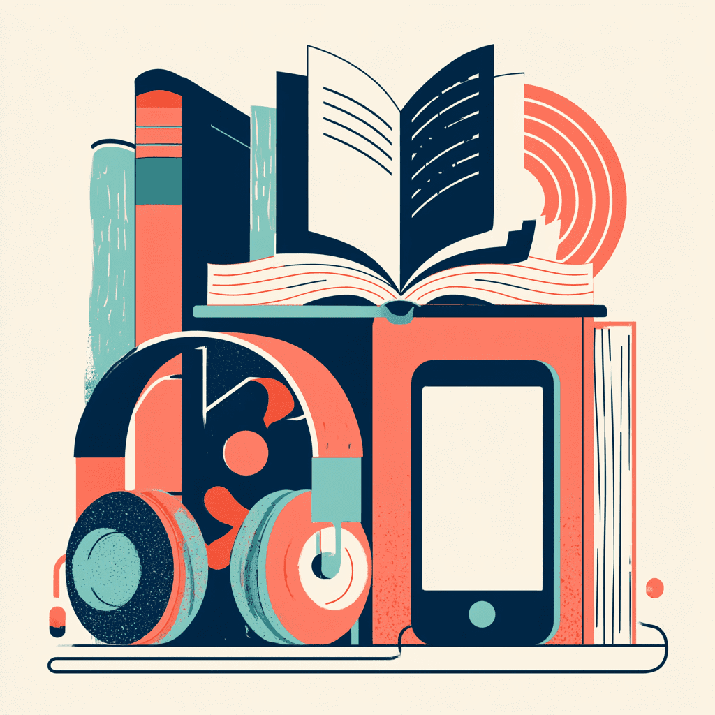 A stylised illustration of books, headphones and a smartphone in navy, coral and teal, representing the intersection of AI in publishing and digital audio technology