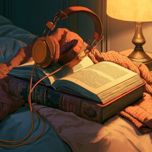 A book open on a bed, with headphones on it. Cosy scene about how personalised audiobooks work
