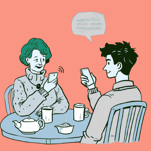 An illustration of a young man and an elderly lady both on their phones discussing something