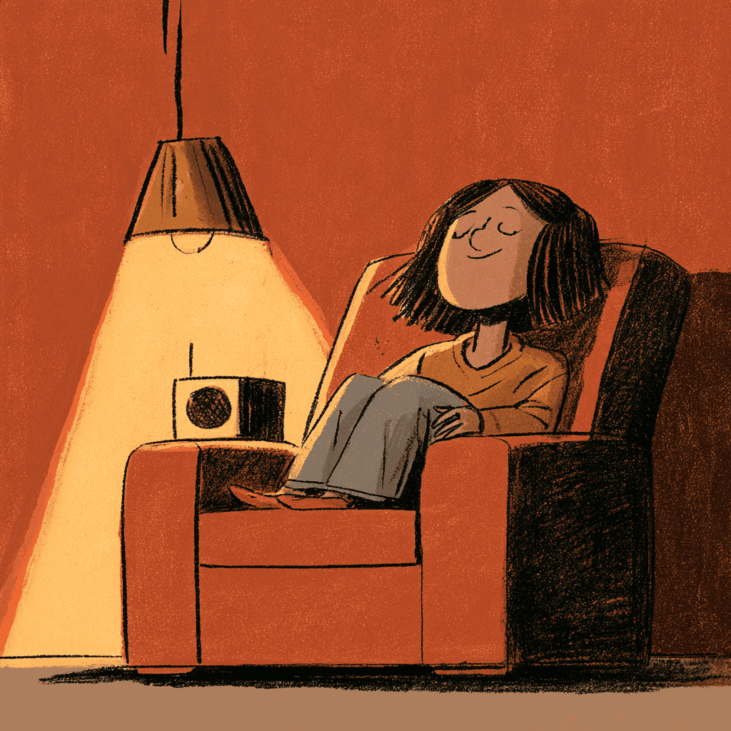 This image shows a woman sitting in a chair listening to a radio. Her eyes are closed, she looks peaceful.